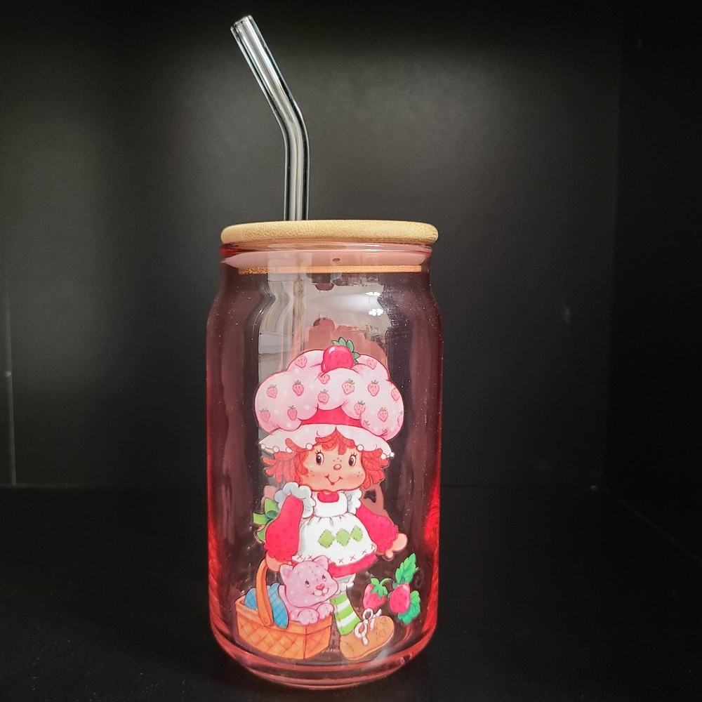 Strawberry Shortcake Glass Tumbler Glass Can with Lid And Straw